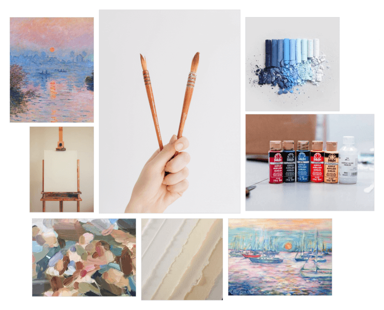 Moodboard de la librería de bellas artes La Luna. Queremos representar creatividad, profesionalidad y organización entre otras cosas.